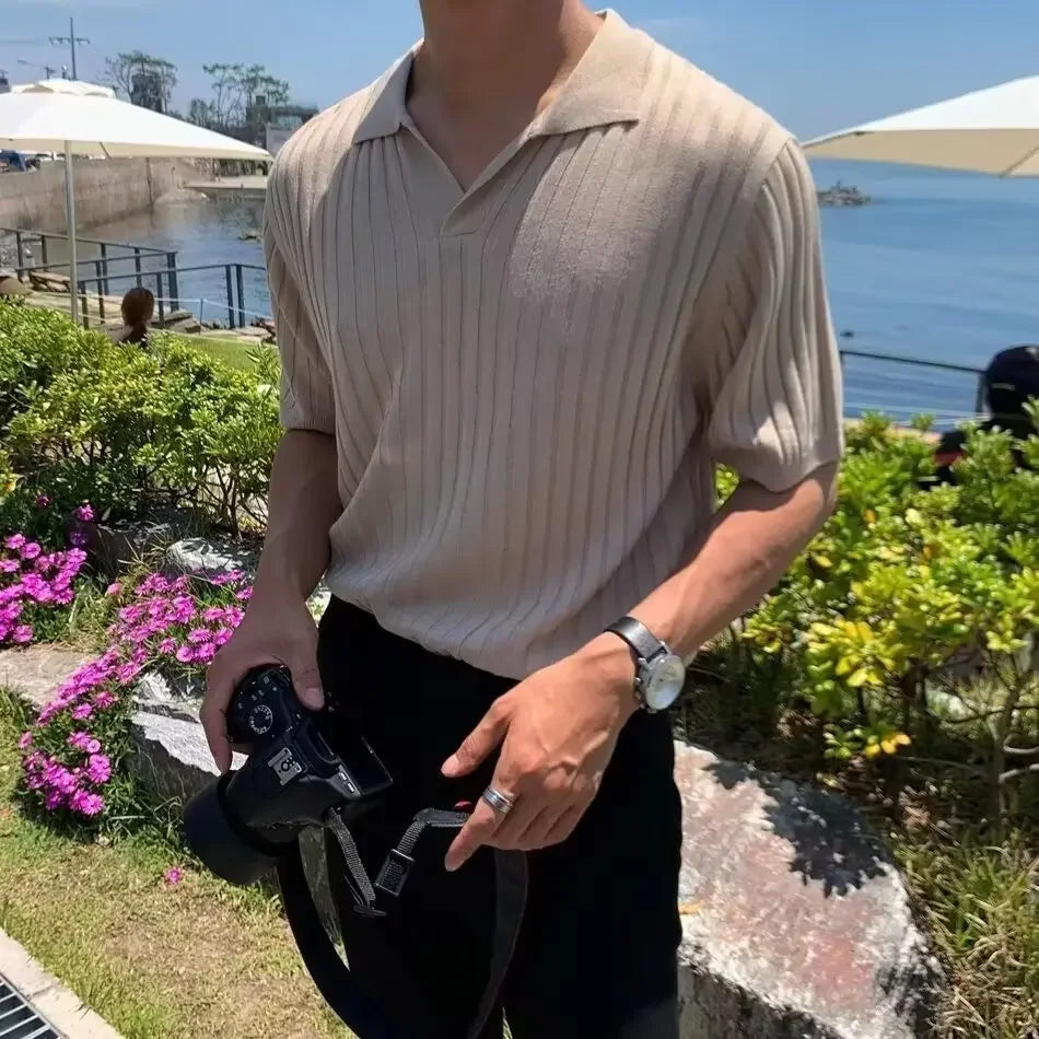 Summer New Light Maturity Knitted Polo Shirt Men's Korean Style Slim Fit Collar Pure Color Casual T-Shirt Cross-Border