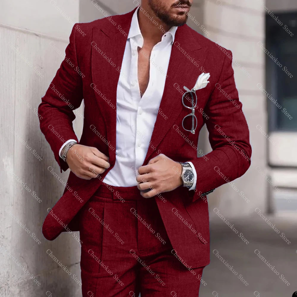 Fashion Linen Suits for Men High Quality Peak Lapel Double One Button Male Suit Slim Chic Casual Wedding Tuxedo 2 Piece Costume