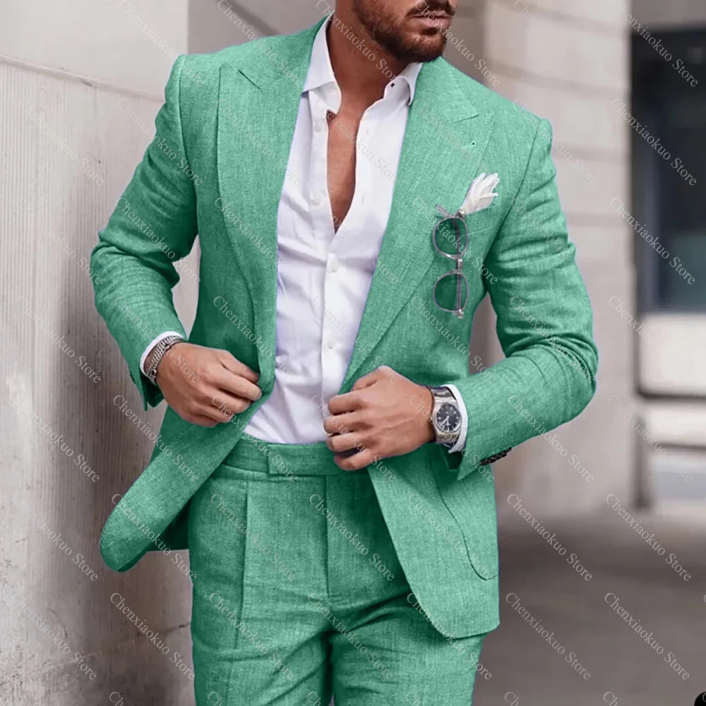 Fashion Linen Suits for Men High Quality Peak Lapel Double One Button Male Suit Slim Chic Casual Wedding Tuxedo 2 Piece Costume