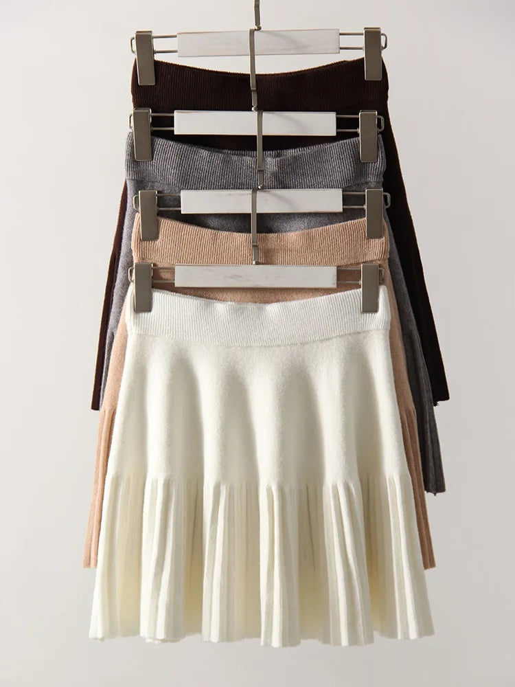 Knitted Pleated School Skirt Women Spring Winter Sexy A-line Women's Skirt Solid Casual High Waist Short Skirts For Woman Black
