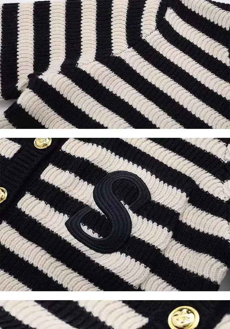 2024 Spring Classic S Letter Knit Cardigan Coat Women Stripe Sweater Ruffles Collar Tops Luxury Designer Brand Chic Y2K Clothing