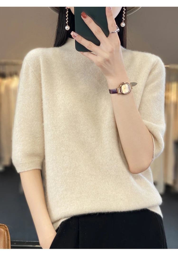 100% pure wool short sleeve summer new women's semi-high neck pullover blouse loose knit vest fashion T-shirt