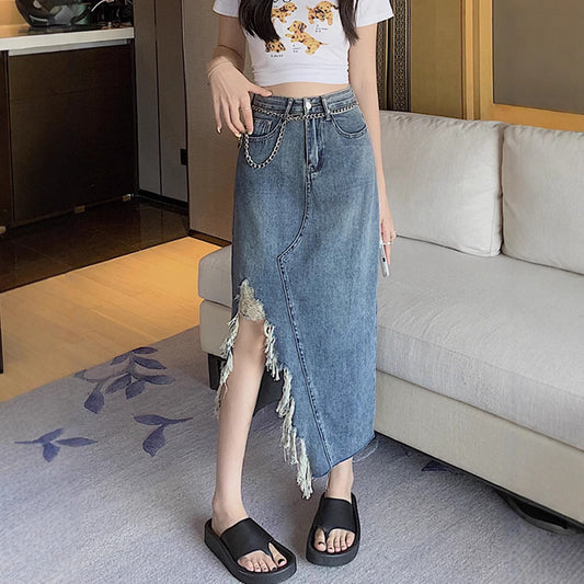 Design Irregular Slit Denim Skirt For Women Summer Retro Slim Mid-length Hip-wrapped A-line Skirt