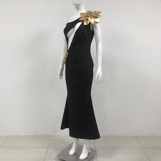 Slim-fit Bandage Golden Flower Maxi Dress