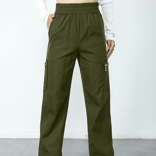 Ladies' Solid Color Pocket Zipper Elastic Waist Fashionable Loose Work Pants