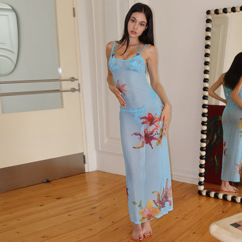 European And American Sleeveless Sexy See-through Spaghetti-strap Floral Print Dress