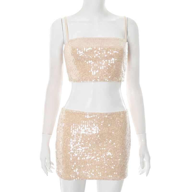 European And American Women's Clothing Pure Color Sequins Camisole Sheath Skirt