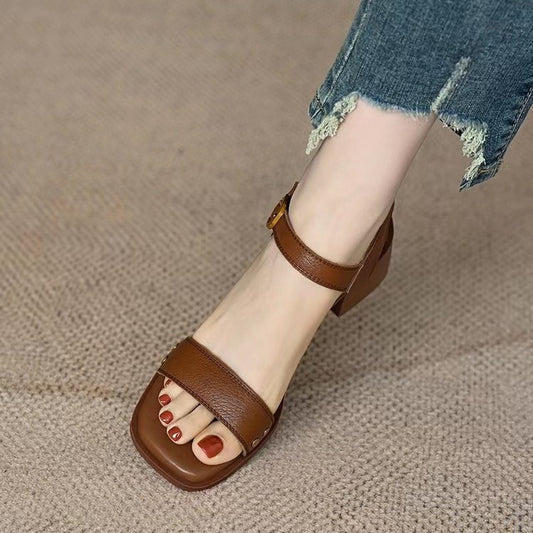 Women's French Style With Chunky Heel All-matching Open Toe Square Toe High Heel Sandals
