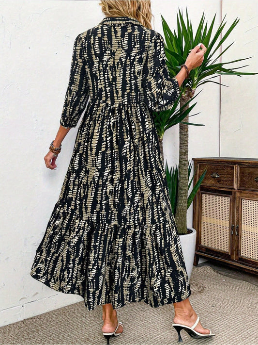 Women's Random Tie-Dye Print Spring And Summer Three-Quarter Sleeve Casual Shirtdress