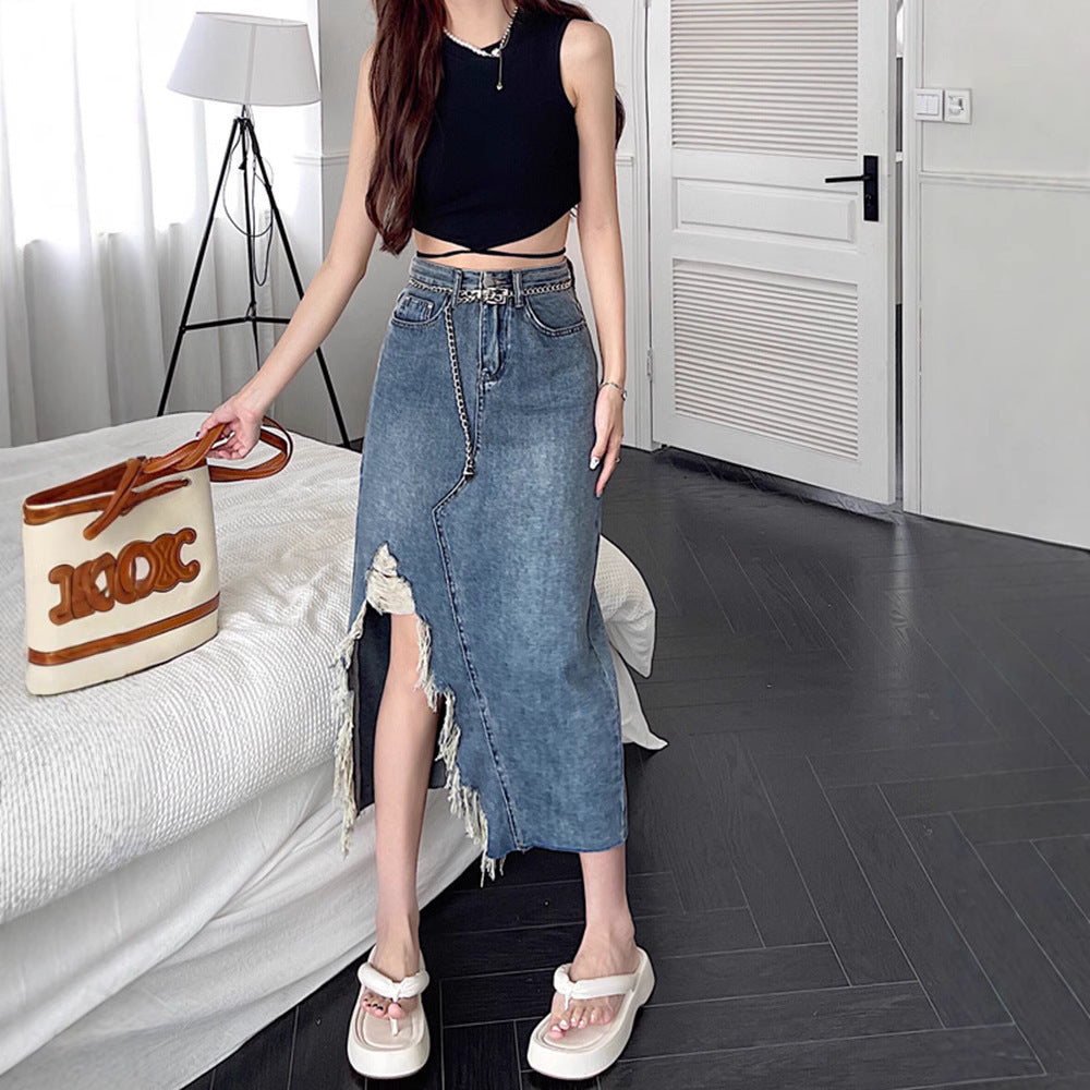 Design Irregular Slit Denim Skirt For Women Summer Retro Slim Mid-length Hip-wrapped A-line Skirt