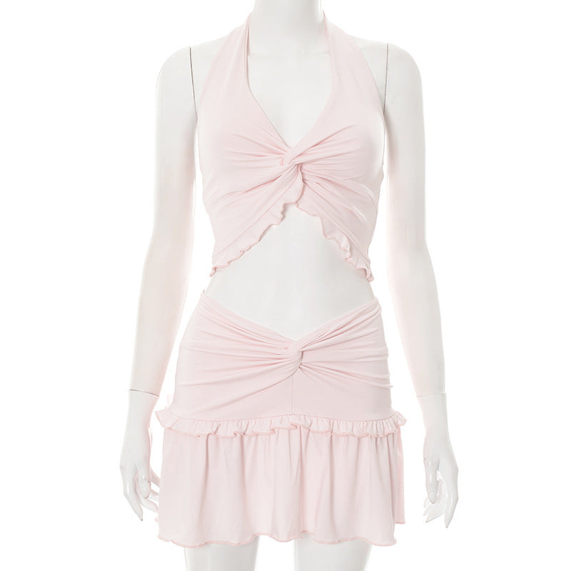 European And American Solid Color And V-neck Halter Navel-exposed Pleated Edge Skirt Outfit