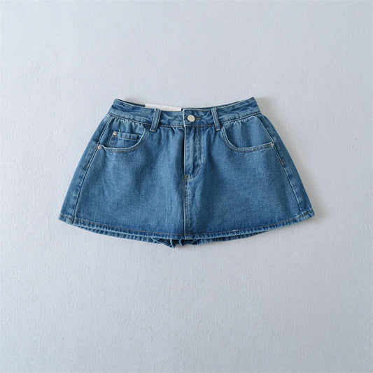 Retro Mid-low Waist Anti-exposure Denim A- Line Bubble Short Skirt