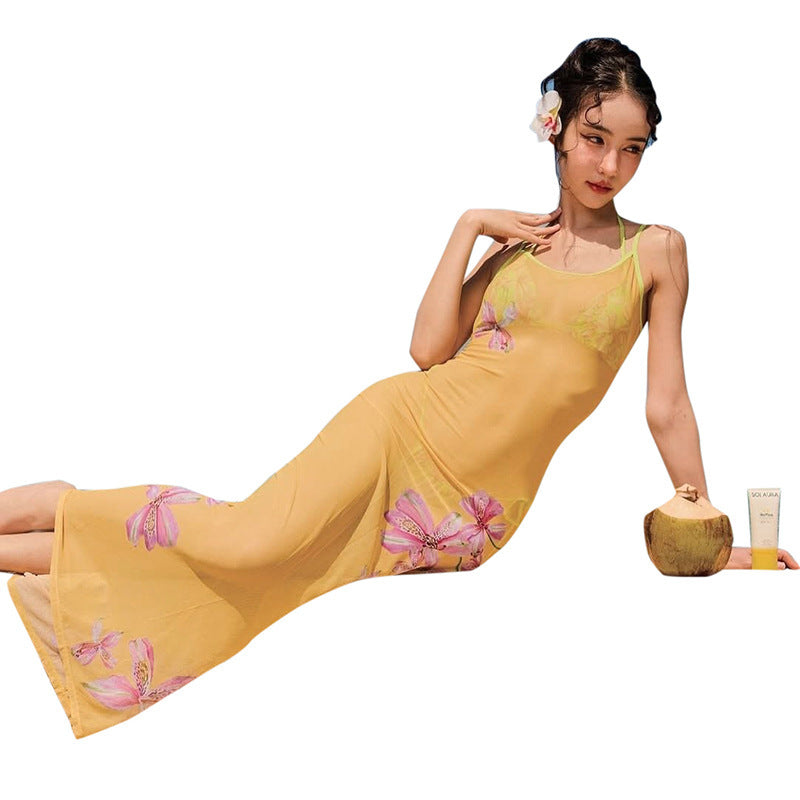 European And American Sleeveless Sexy See-through Spaghetti-strap Floral Print Dress