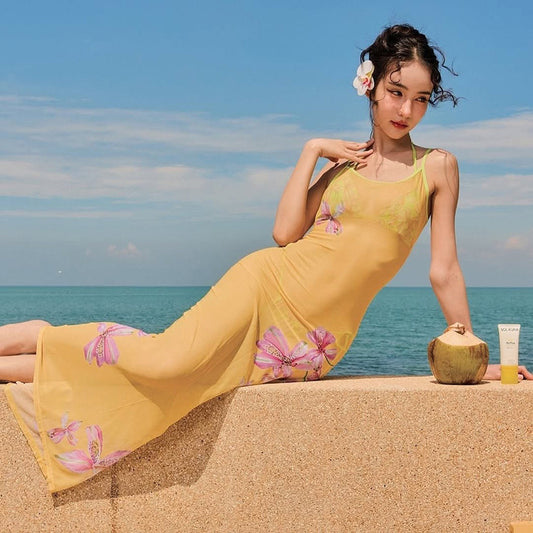 European And American Sleeveless Sexy See-through Spaghetti-strap Floral Print Dress