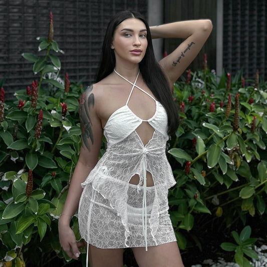 Spring And Summer Seaside Pure Desire Sexy Pure Color Mesh Slip Dress Set Women